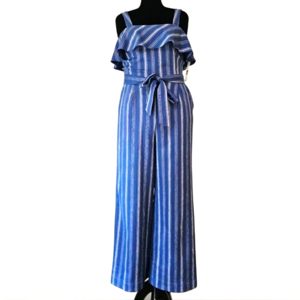 ANTONIO MELANI Women's Size 10‎ Navy Striped Linen/Cotton Blend Jumpsuit W/ Belt
